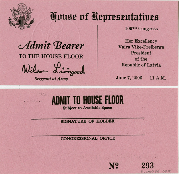 Ticket, Joint Session to Hear Her Excellency Vaira Vike-Freiberga,  President of Latvia, 109th Congress (Acc. No. 11.00082.005)