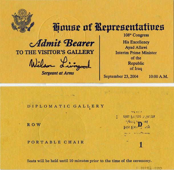 Image: Ticket, Joint Session to Hear the Interim Prime Minister of Iraq, 108th Congress(Cat. no. 11.00083.000)