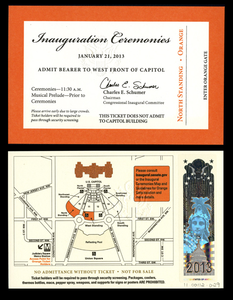 Image of the ticket for the 2013 Presidential Inauguration.