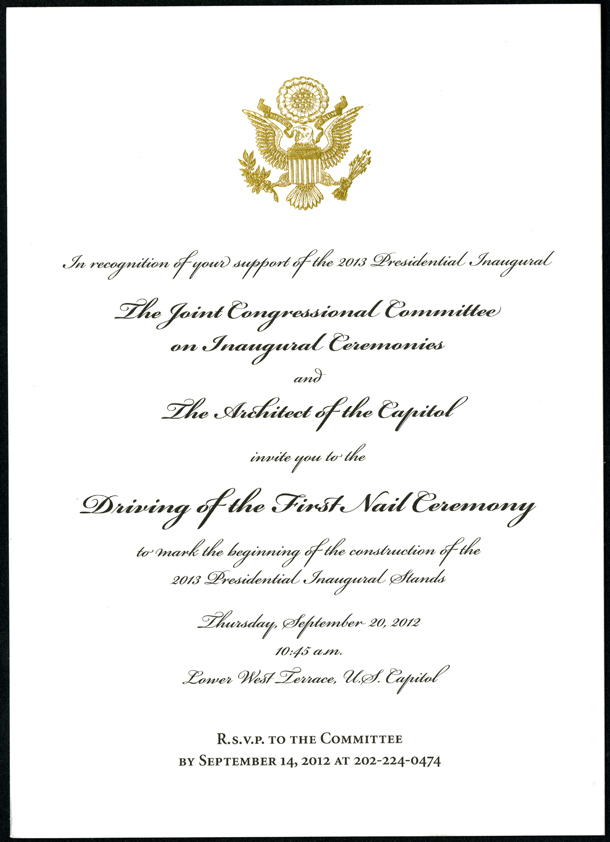 Invitation, Driving of the First Nail Ceremony, 2013 Inauguration Ceremonies (Acc. No. 11.00112.046)