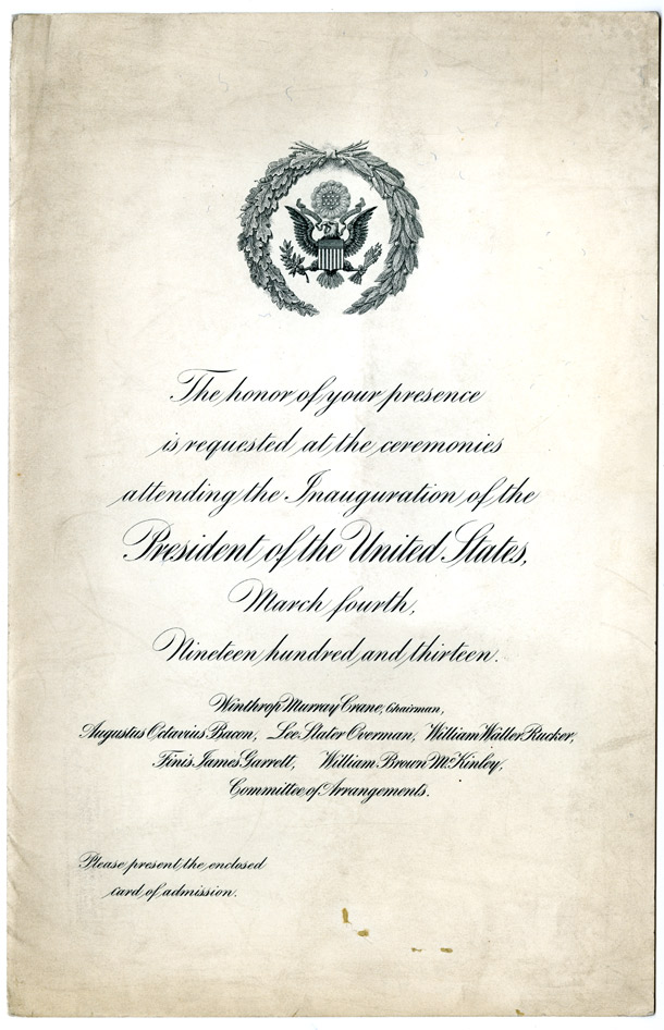 Image of the Invitation for 1913 Inauguration Ceremonies
