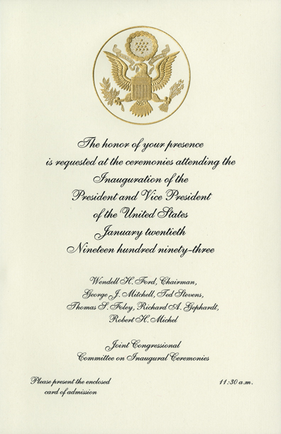Image of the invitation for the 1993 Presidential Inauguration.
