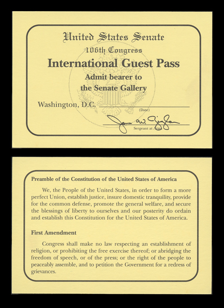 International Guest Pass, Senate Gallery, United States Senate Chamber, 106th Congress (Acc. No. 16.00132.000)