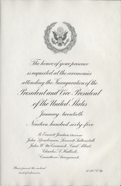 Image of the invitation for the 1965 Presidential Inauguration.