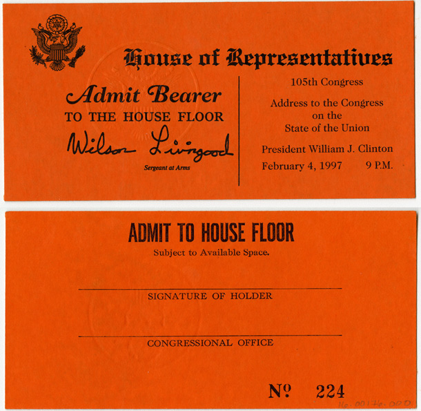 Image: Ticket, Joint Session to Hear the State of the Union Address by the President of the United States, 105th Congress(Cat. no. 16.00176.000)