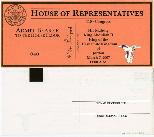 Image: Ticket, Joint Session to Hear the King of the Hasemite Kingdom of Jordan, 110th Congress(Cat. no. 16.00177.000)
