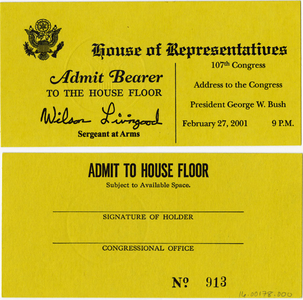 Image: Ticket, Joint Session to Hear an Address by the President of the United States, 107th Congress(Cat. no. 16.00178.000)