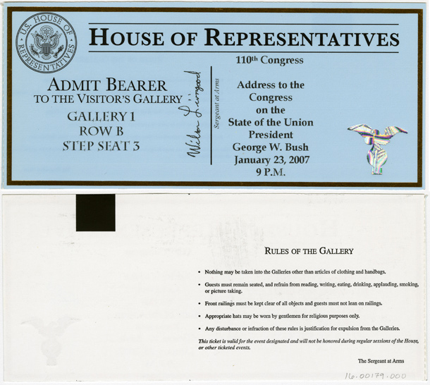 Image: Ticket, Joint Session to Hear the State of the Union Address by the President of the United States, 110th Congress(Cat. no. 16.00179.000)