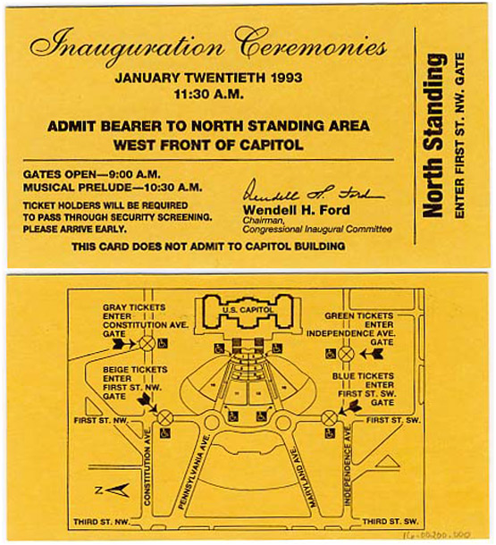 Ticket, 1993 Inauguration Ceremonies (Acc. No. 16.00200.000)