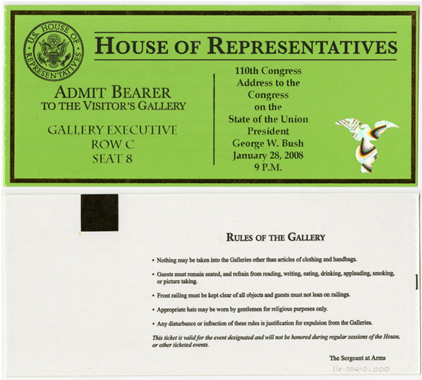 Image: Ticket, Joint Session to Hear the State of the Union Address by the President of the United States, 110th Congress(Cat. no. 16.00210.000)