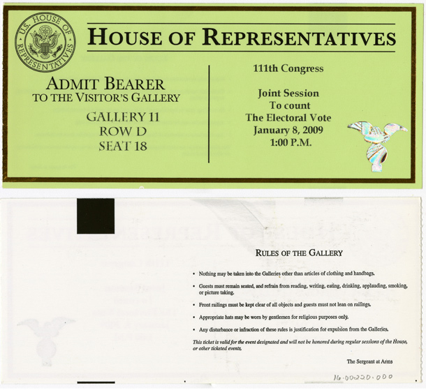 Image: Ticket, Joint Session to Count the Electoral Vote, January 8, 2009(Cat. no. 16.00220.001)
