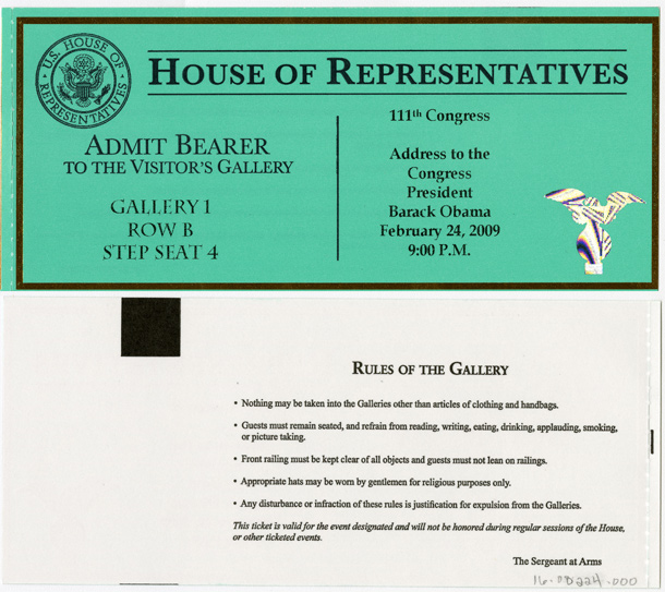 Image: Ticket, Joint Session to Hear the Address to Congress by President Barack Obama, 111th Congress(Cat. no. 16.00224.000)