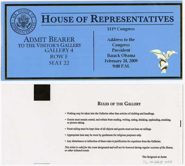 Image: Ticket, Joint Session to Hear the Address to Congress by President Barack Obama, 111th Congress(Cat. no. 16.00225.000)