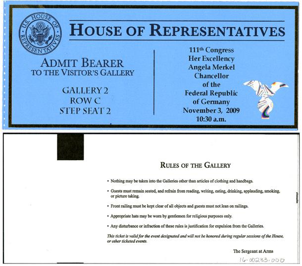 Ticket, Joint Session to Hear Her Excellency Angela Merkel, Chancellor of the Federal Republic of Germany, 111th Congress (Acc. No. 16.00233.000)