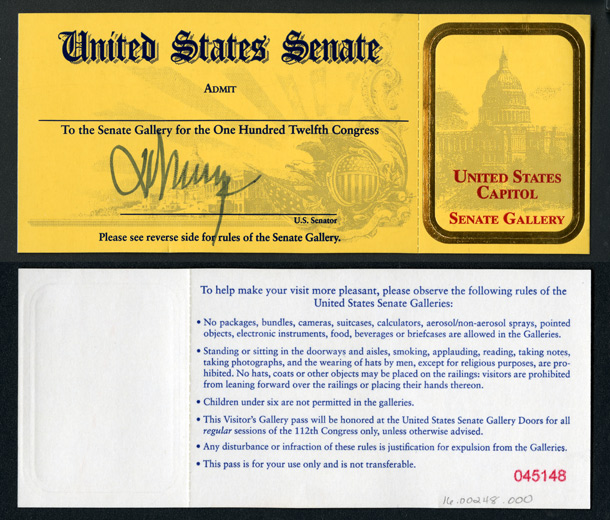 Gallery Pass, Visitor's Gallery, United States Senate Chamber, 112th Congress (Acc. No. 16.00248.000)