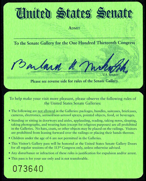 Gallery Pass, Senate Gallery, United States Senate Chamber, 113th Congress (Acc. No. 16.00263.000)