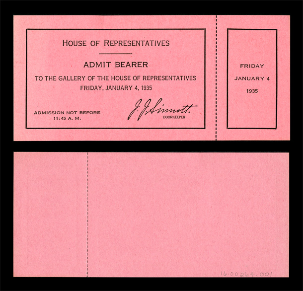 Gallery Pass, Annual Message, House of Representatives Chamber, January 4, 1935 (Acc. No. 16.00269.001)