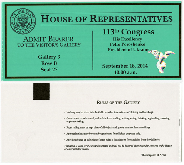Ticket, Joint Session to Hear His Excellency Petro Poroshenko, President of Ukraine, 113th Congress (Acc. No. 16.00271.000)