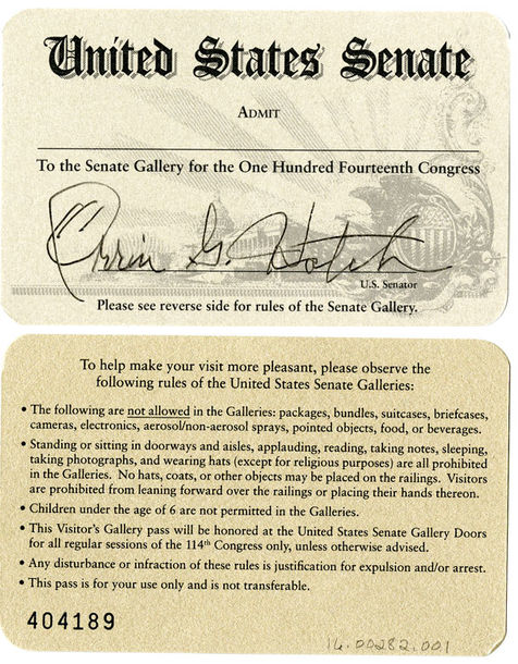 Gallery Pass, Senate Gallery, United States Senate Chamber, 114th Congress (Acc. No. 16.00282.000)