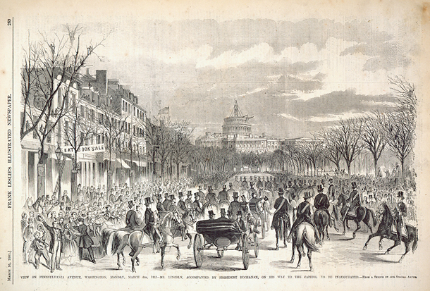 View oN Pennsylvania Avenue, Washington, Monday, March 4th, 1861—Mr. Lincoln, Accompanied by President Buchanan, on his Way to the Capitol to be Inaugurated.