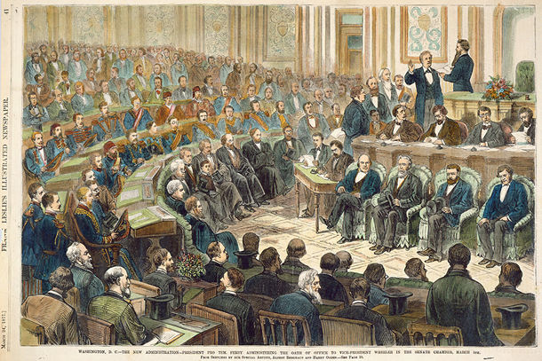 Washington, D.C.—The New Administration—President Pro Tem. Ferry Administering the Oath of Office to Vice-President Wheeler in the Senate Chamber, March 5th. (Acc. No. 38.00014.001)