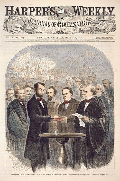President Lincoln Taking the Oath at His Second Inauguration, March 4, 1865.