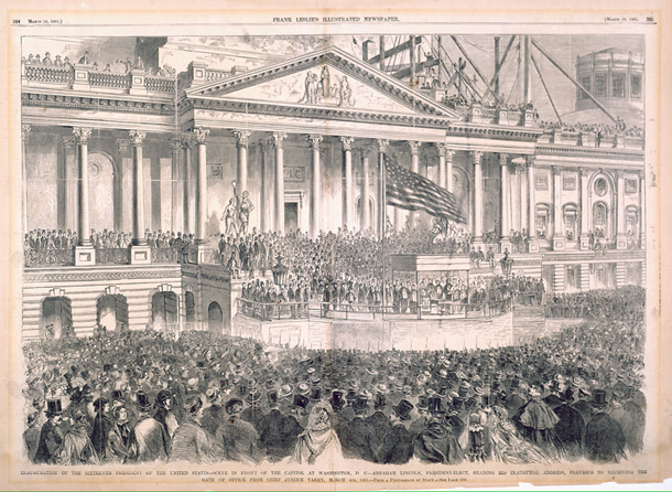 Inauguration of the Sixteenth President of the United States—Scene in Front of the Capitol at Washington, D.C.—Abraham Lincoln, President-Elect, Reading His Inaugural Address, Previous to Receiving the Oath of Office from Chief Justice Taney, March 4th, 1861.