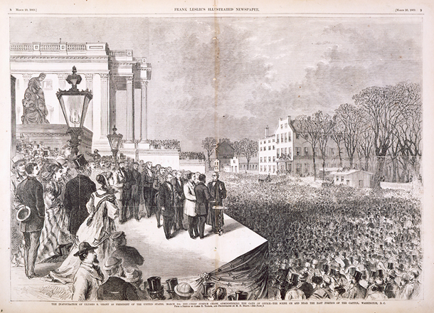 The Inauguration of Ulysses S. Grant as President of the United States, March 4th, 1869—Chief Justice Chase Administering the Oath of Office—The Scene on and near the East Portico of the Capitol, Washington, D. C.