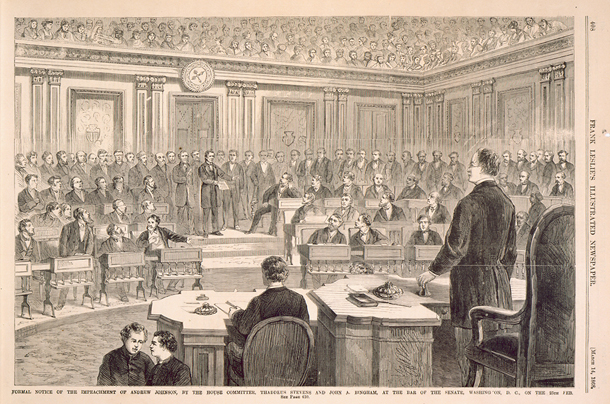 Formal Notice of the Impeachment of Andrew Johnson, by the House Committee, Thaddeus Stevens and John A. Bingham, at the Bar of the Senate, Washington, D.C. on the 25th Feb. (Acc. No. 38.00156.002)