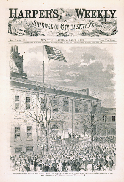 President Lincoln Hoisting the American Flag with Thirty-Four Stars upon Independence Hall, Philadelphia, February 22, 1861.