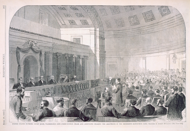 United States Supreme Court Room, Washington City—Chief-Justice Chase and Associates Hearing the Arguments in the Mississippi Injunction Case. (Acc. No. 38.00213.002)