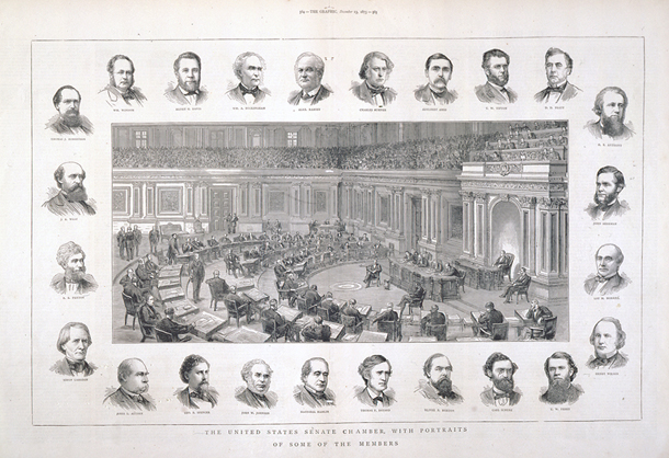 The United States Senate Chamber, with Portraits of Some of the Members