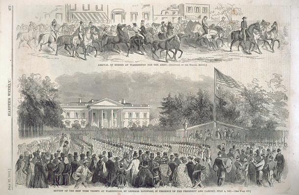 Arrival of Horses at Washington for the Army. / Review of the New York Troops at washington, by General Sandford, in Presence of the President and the Cabinet, July 4, 1861.