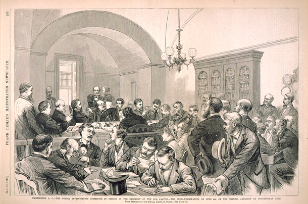Washington, D.C.—The Potter Investigation Committee in Session in the Basement of the Old Capitol—The Cross-Examination, on June 4th, of the Witness Anderson by Congressman Reed. (Acc. No. 38.00268.002)
