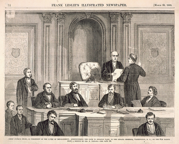 Chief Justice Chase, as President of the Court of Impeachment, Administering the Oath to Senator Wade, in the Senate Chamber, Washington, D.C., on the 6th March. (Acc. No. 38.00337.001a)