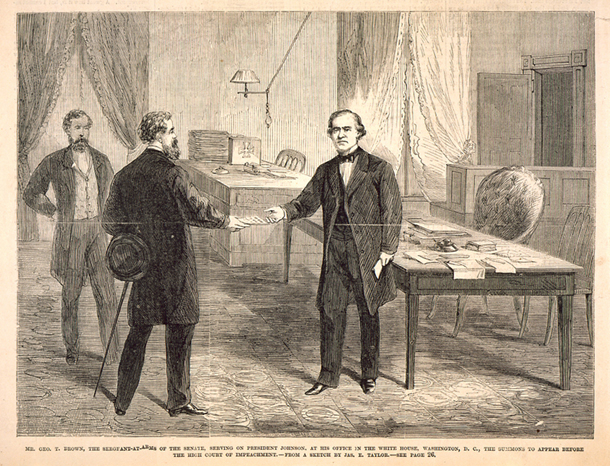 Mr. Geo. T. Brown, the Sergeant-at-Arms of the Senate, Serving on President Johnson, at His Office in the White House, Washington, D.C., the Summons to Appear before the High Court of Impeachment. (Acc. No. 38.00337.001b)