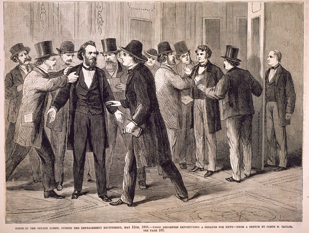 Scene in the Senate Lobby, During the Impeachment Excitement, May 11th, 1868.â€”Press Reporters Importuning a Senator for News