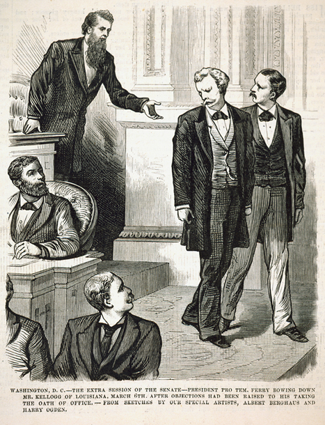 Washington, D.C.—The Extra Session of the Senate—President Pro Tem. Ferry Bowing Down Mr. Kellogg of Louisiana, March 6th. After Objections Had Been Raised to His Taking the Oath of Office. (Acc. No. 38.00397.001)