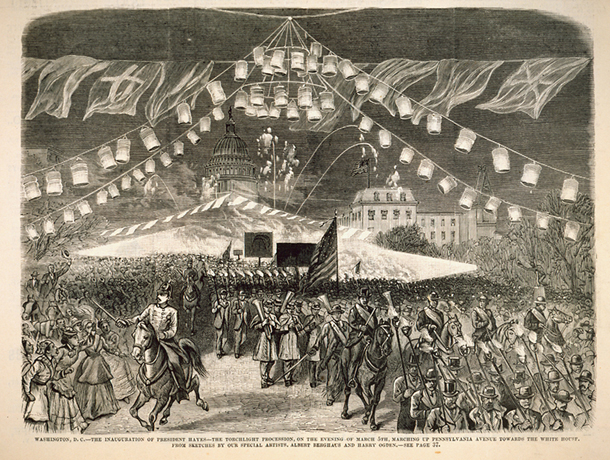 Washington, D.C.—The Inauguration of President Hayes—The Torchlight Procession, on the Evening of March 5th, Marching up Pennsylvania Avenue towards the White House. (Acc. No. 38.00402.001)