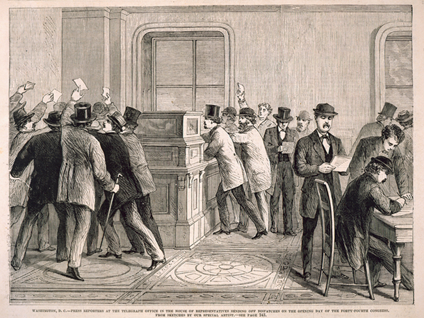 Washington, D.C.—Press Reporters at the Telegraph Office in the House of Representatives Sending Off Dispatches on the Opening Day of the Forty-Fourth Congress. (Acc. No. 38.00409.001)
