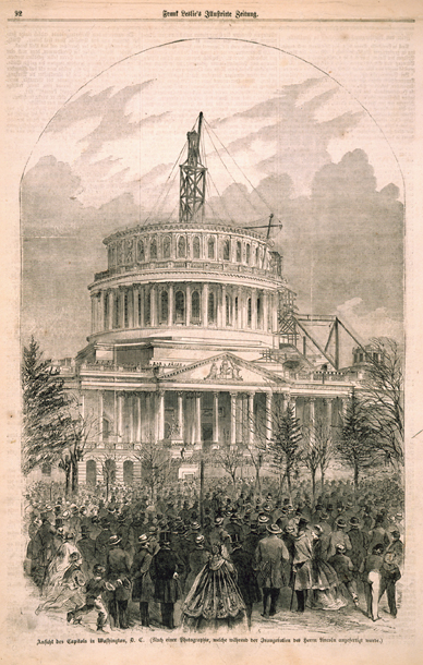 Anficht des Capitols in Washington, D. C.  (Nach einer Photographie, welche wahrend der Inauguration des Herrn Lincoln angefertigt murde.)