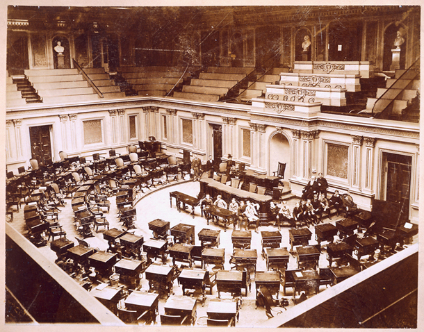 [U.S. Senate Chamber with Isaac Bassett and Pages]