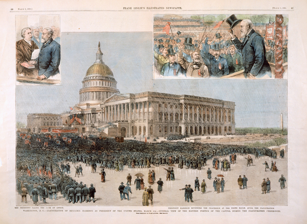 Washington, D. C.—Inauguration of Benjamin Harrison as President of the United States, March 4th—General View of the Eastern Portico of the Capitol During the Inauguration Ceremonies. / the president taking the oath of office. / president harrison reviewing the procession at the white house, after the inauguration.