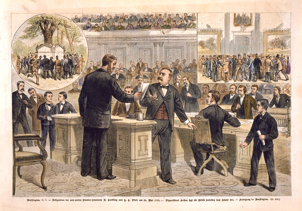 Washington. D.C.—Resignation der new-yorker Bundes-Senatoren R. Conkling und T.C. Platt am 16. Mei 1881.—Vizepräsident Arthur legt die Briefe derselben dem Senate vor.—Aufregung in Washington. (Acc. No. 38.00970.001)