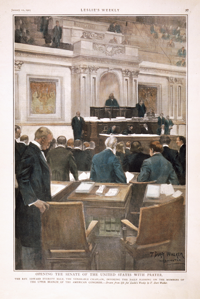 Opening the Senate of the United States with Prayer. The Rev. Edward Everett Hale, the Venerable Chaplain, Invoking the Daily Blessing on the Members of the Upper Branch of the American Congress. (Acc. No. 38.00972.001)