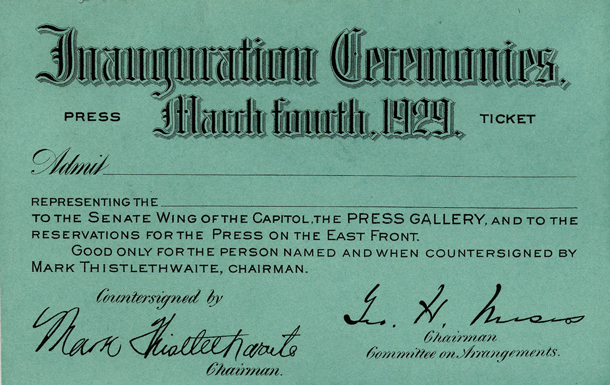 Image of front of the 1929 Inauguration Ticket