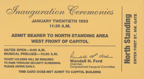 Image of the front of the 1993 Inauguration Ticket