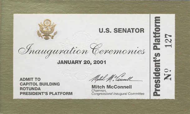 Image of the front of the 2001 Inauguration Ticket