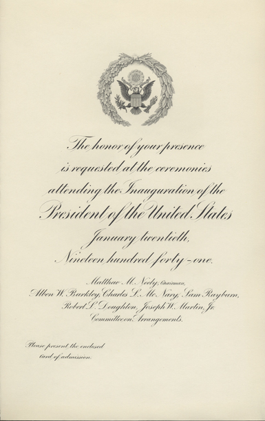 Image of the invitation for the 1941 Presidential Inauguration.