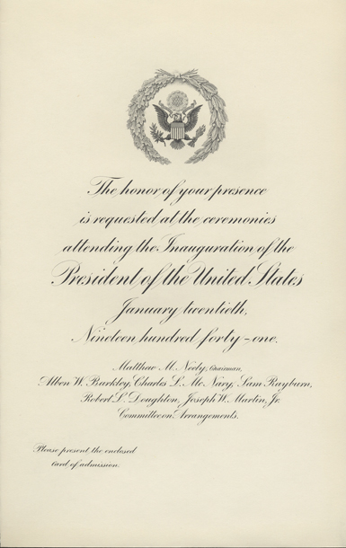 Invitation, 1941 Inaugural Ceremonies (Acc. No. 11.00033.014a)